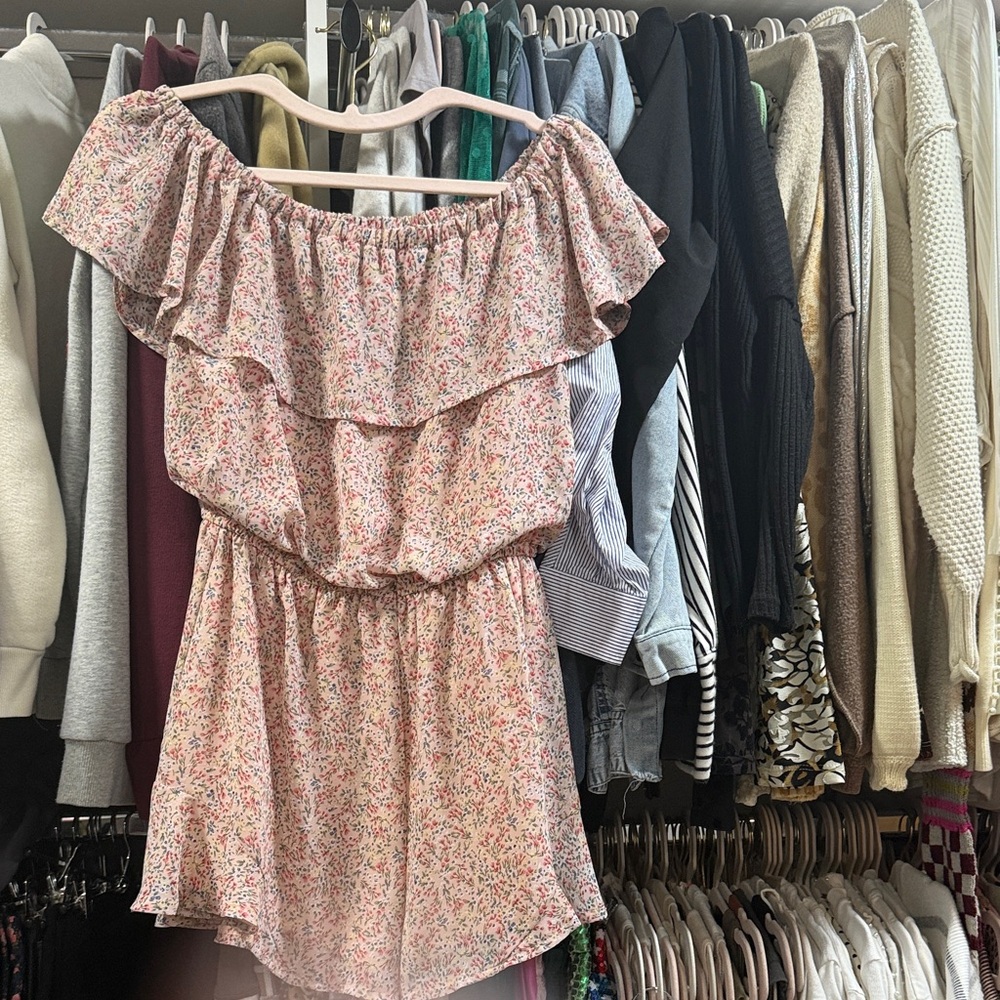 She + Sky Pink Floral Off-Shoulder Romper